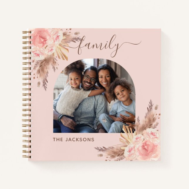 Pampas grass blush rose gold floral photo notebook (Front)