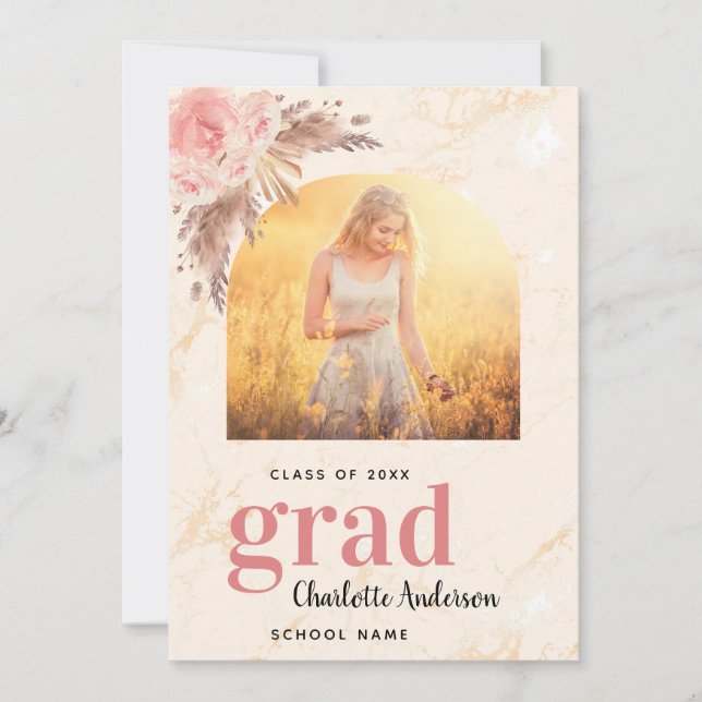 Pampas grass blush rose gold marble graduation announcement (Front)