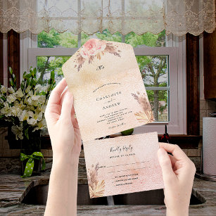 Pampas grass blush rose pink florals boho wedding all in one invitation