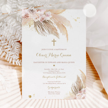 Pampas Grass Bohemian Baptism Boho Christening  In Invitation by PixelPerfectionParty at Zazzle