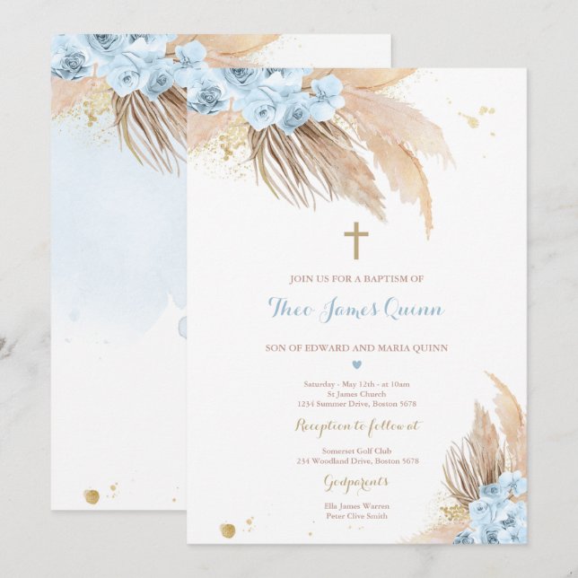 Pampas Grass Bohemian Baptism Boho Christening Invitation (Front/Back)