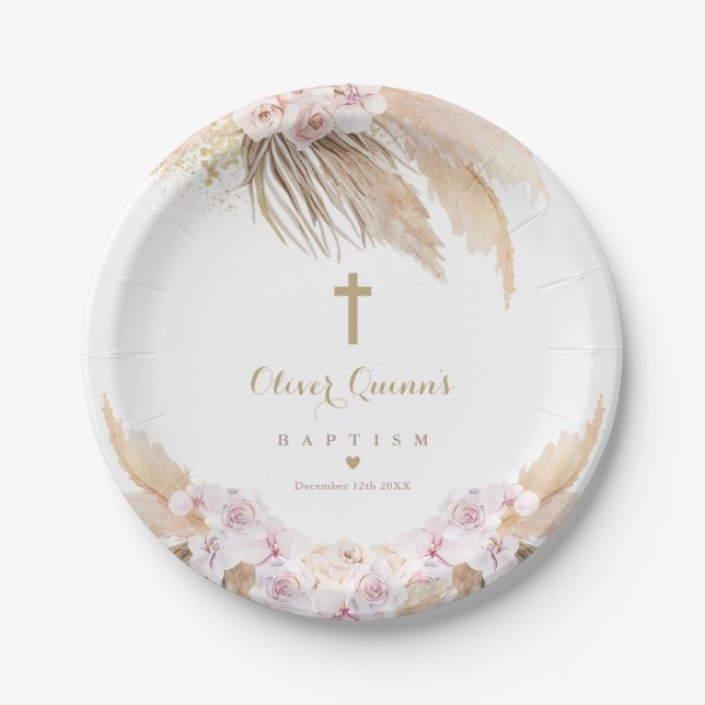 Pampas Grass Bohemian Baptism Boho Christening  Paper Plates (Front)