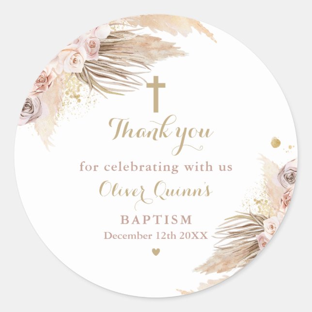 Pampas Grass Bohemian Baptism Christening Favor Classic Round Sticker (Front)