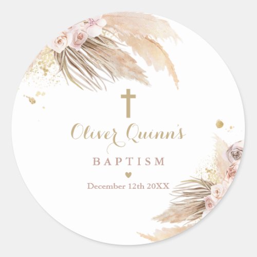 Pampas Grass Bohemian Baptism Christening Favor  Classic Round Sticker