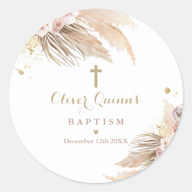 Pampas Grass Bohemian Baptism Christening Favor  Classic Round Sticker (Front)