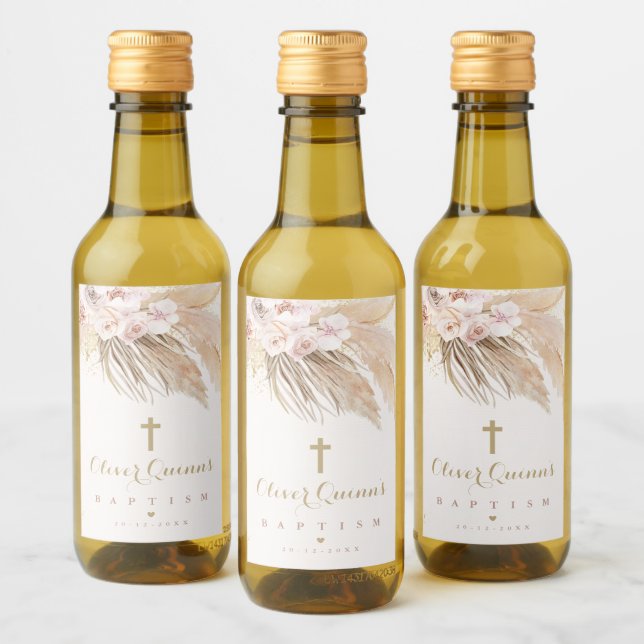 Pampas Grass Bohemian Baptism Personalized Mini Wine Label (Bottles)