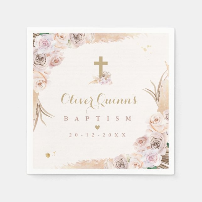 Pampas Grass Bohemian Baptism Personalized Napkins (Front)