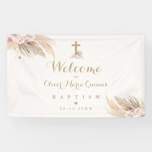 Pampas Grass Bohemian Baptism Personalized Welcome Banner