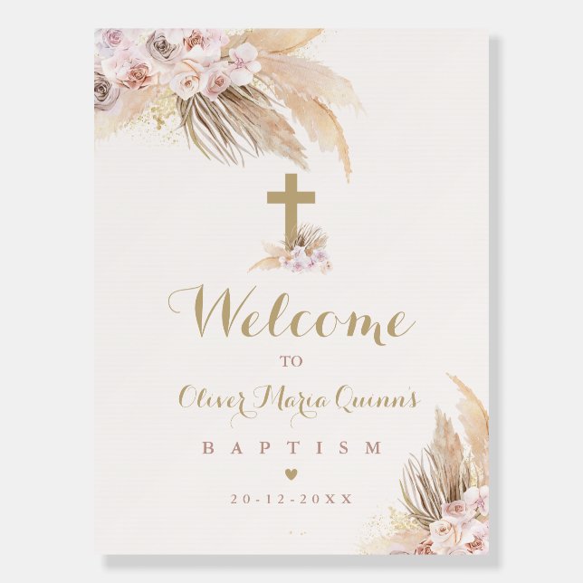 Pampas Grass Bohemian Baptism Personalized Welcome Foam Board (Front)