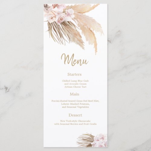 Pampas Grass Bohemian Blush Wedding Reception menu