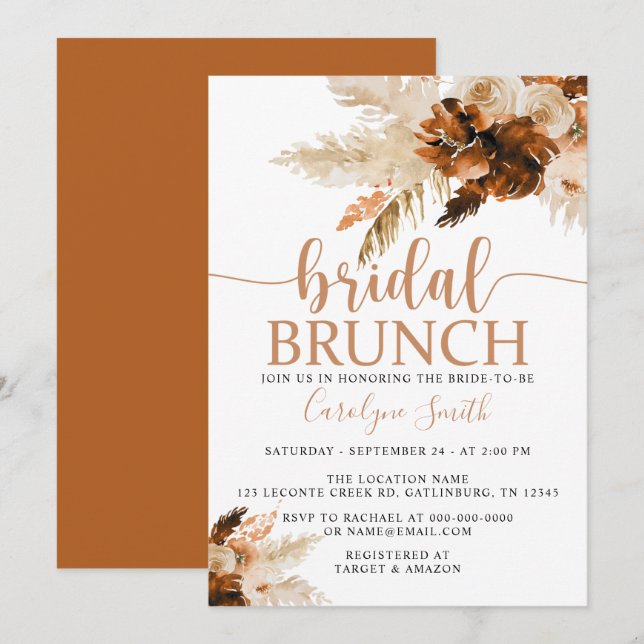 Pampas Grass Bohemian Boho Bridal Brunch Invitation (Front/Back)