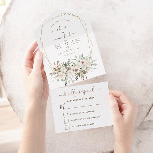 Pampas Grass Bohemian Boho Eucalyptus Wedding All In One Invitation