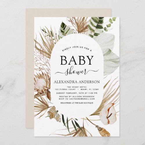 Pampas Grass Bohemian Boho Tropical Baby Shower In Invitation