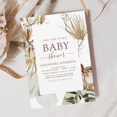 Pampas Grass Bohemian Boho Tropical Baby Shower In Invitation