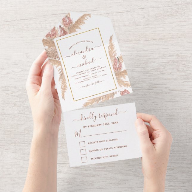 Pampas Grass Bohemian Boho Tropical Wedding RSVP All In One Invitation (Tearaway)