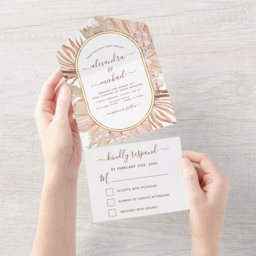 Pampas Grass Bohemian Boho Tropical Wedding RSVP All In One Invitation