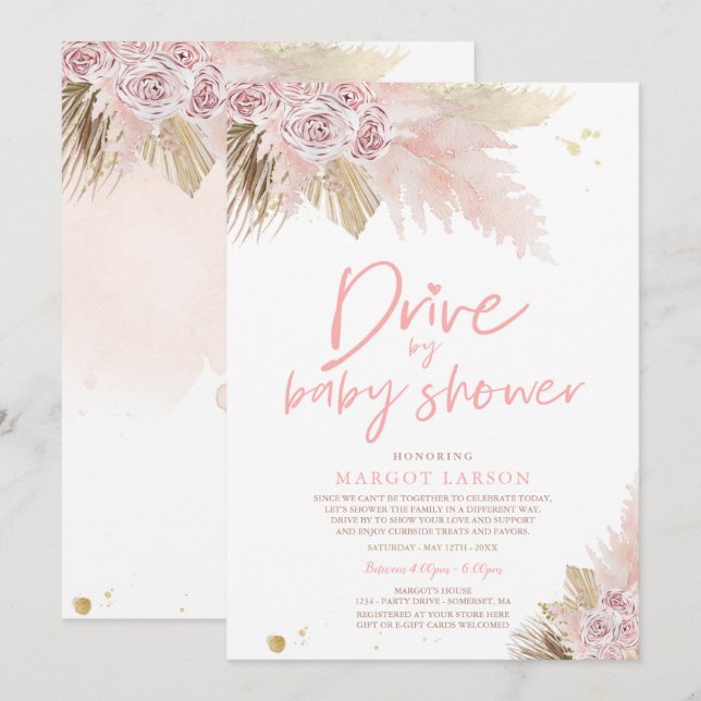 Pampas Grass Bohemian Drive By Baby Shower Invitation (Front/Back)