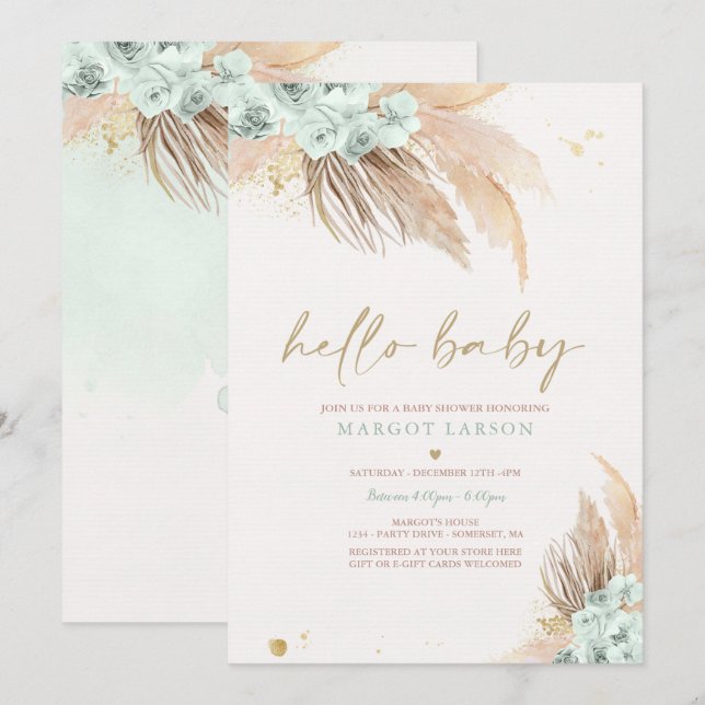Pampas Grass Bohemian Sage Green Baby Shower Invitation (Front/Back)