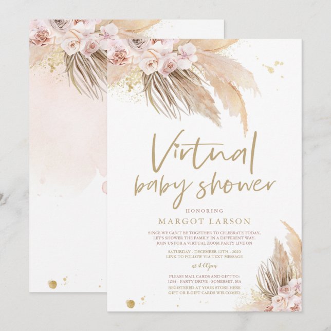 Pampas Grass Bohemian Virtual Zoom Baby Shower Invitation (Front/Back)