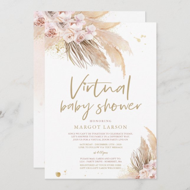 Pampas Grass Bohemian Virtual Zoom Baby Shower Invitation (Front/Back)