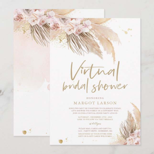 Pampas Grass Bohemian Virtual Zoom Bridal Shower Invitation (Front/Back)