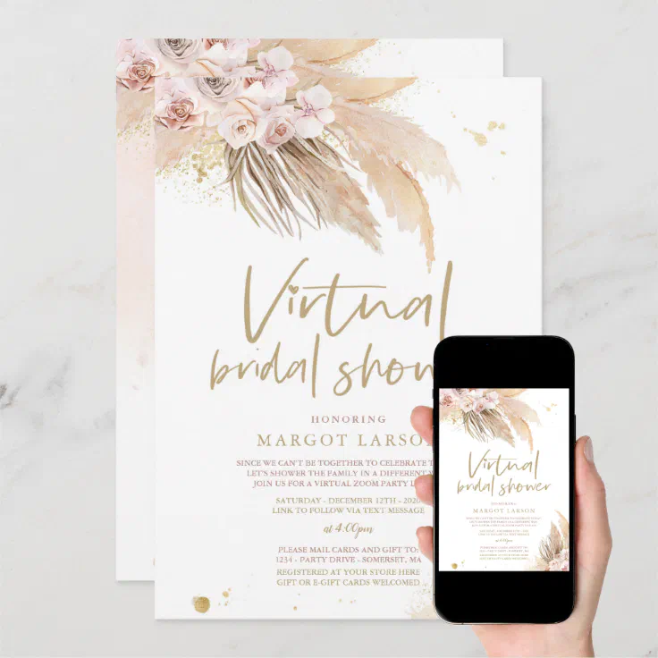 Pampas Grass Bohemian Virtual Zoom Bridal Shower Invitation Zazzle