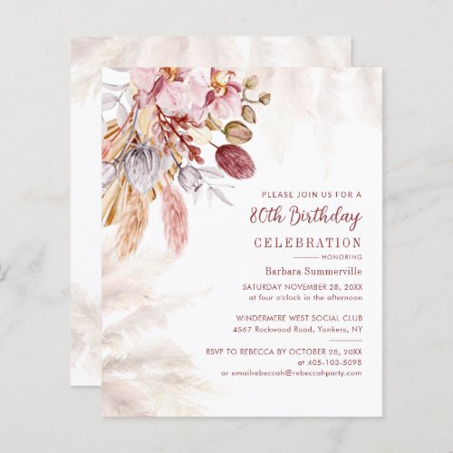 Pampas Grass Boho 80th Birthday Party Invitation