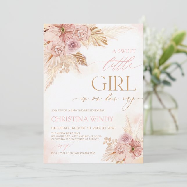 Pampas Grass Boho Baby Shower A Sweet Little Girl Invitation (Standing Front)