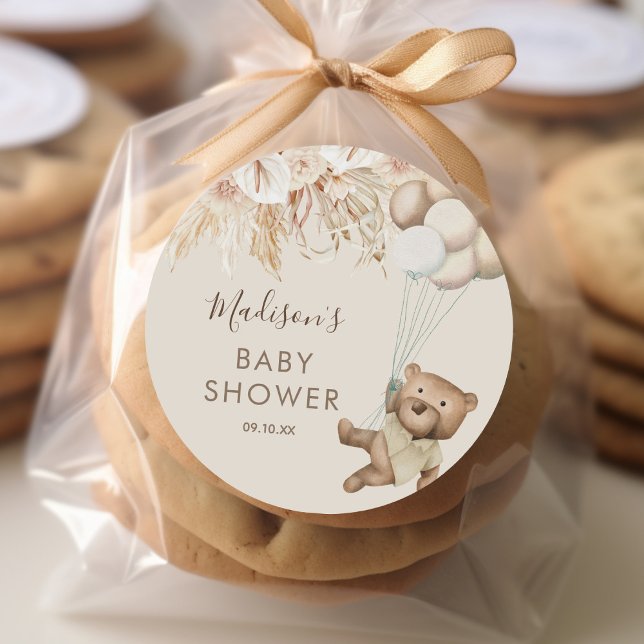 Pampas Grass Boho Bear Baby Shower Classic Round S Classic Round Sticker (Creator Uploaded)