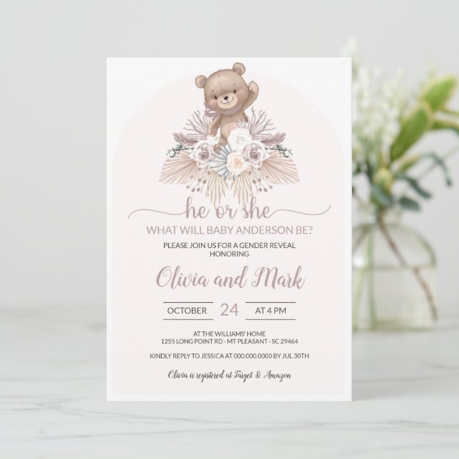 Pampas Grass Boho Bear He or She Gender Reveal Invitation (Standing Front)
