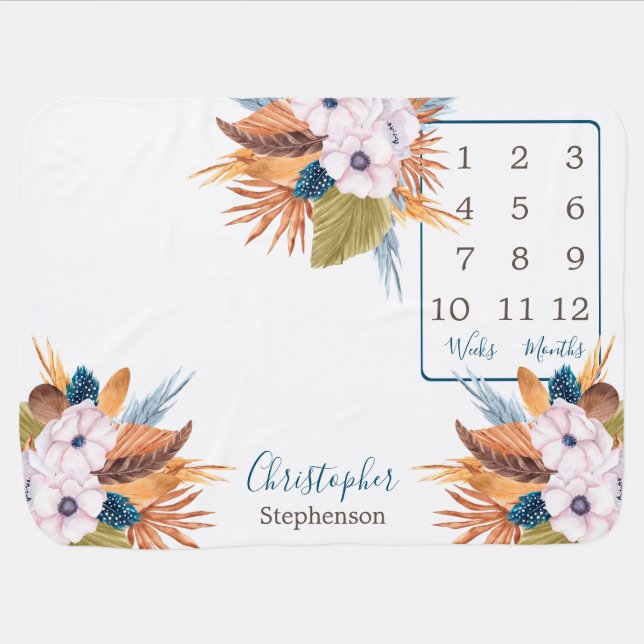 Pampas Grass Boho Blooms Wk Month Milestone Baby Blanket (Horizontal)