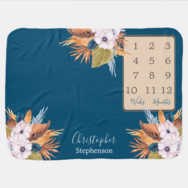 Pampas Grass Boho Blooms Wk Month Milestone Baby Blanket (Horizontal)