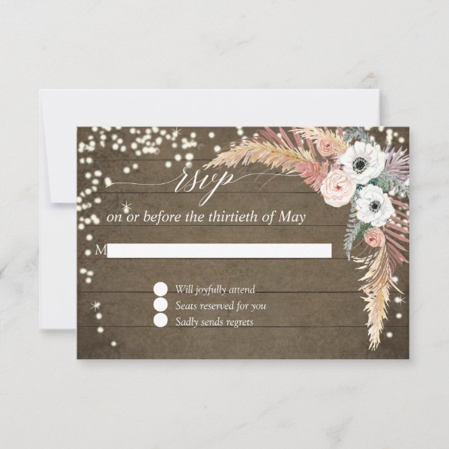 Pampas Grass Boho Blush Floral Twinkle Lights RSVP Card (Front)