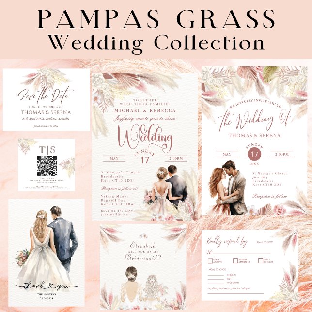 Pampas Grass Boho Blush Pink QR Code Enclosure  Note Card (Creator Uploaded)