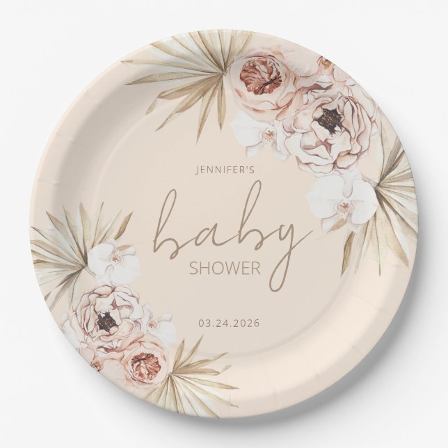 Pampas Grass Boho Bohemian Baby Shower Paper Plates (Front)