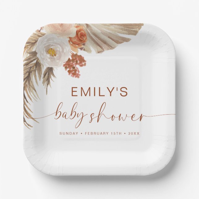 Pampas Grass Boho Bohemian Desert Baby Shower Paper Plates (Front)