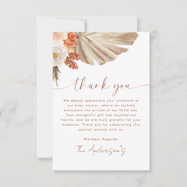 Pampas Grass Boho Bohemian Desert Baby Shower Thank You Card (Front)