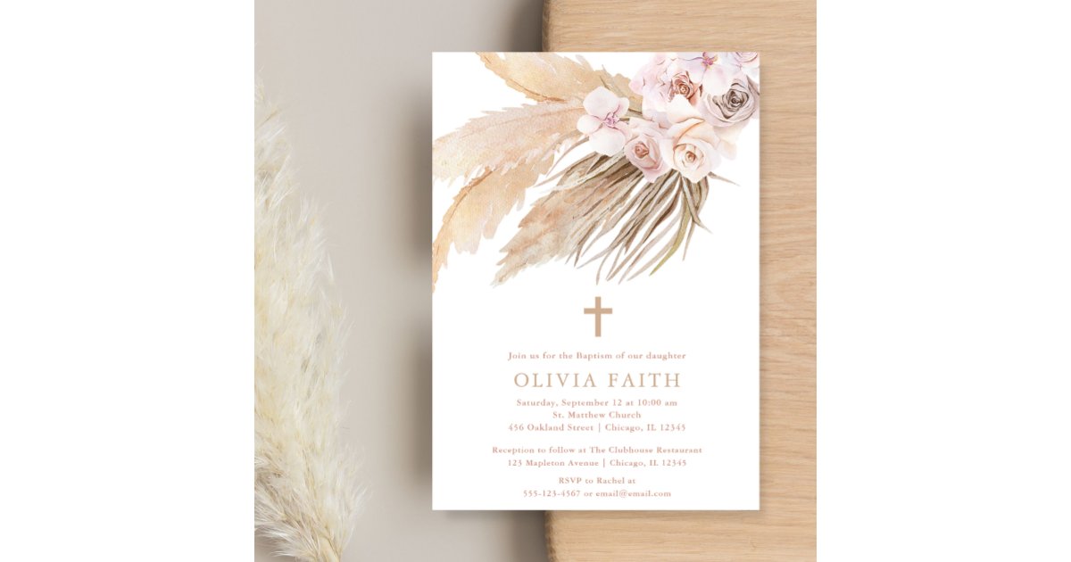 Pampas grass boho bohemian desert baptism invitation | Zazzle