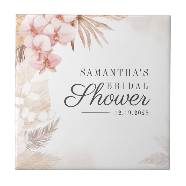Pampas Grass Boho Bridal Shower Terracotta Tan Ceramic Tile (Front)
