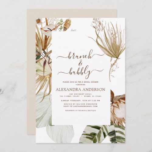 Pampas Grass Boho Brunch  Bubbly Bridal Shower Invitation