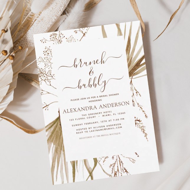 Pampas Grass Boho Brunch & Bubbly Bridal Shower Invitation (Creator Uploaded)