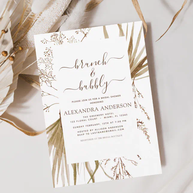 Pampas Grass Boho Brunch & Bubbly Bridal Shower Invitation | Zazzle