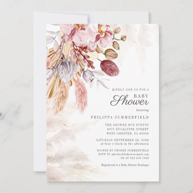 Pampas Grass Boho Dried Flowers Girl Baby Shower Invitation (Front)
