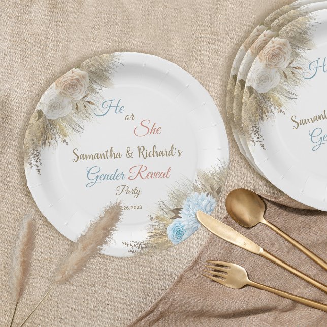 Pampas Grass Boho Elegant Gender Reveal Party Paper Plates (Creator Uploaded)