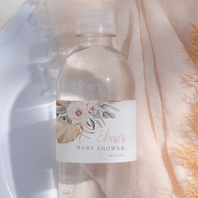 Pampas Grass Boho Elegant Girl Baby Shower Water Bottle Label (Creator Uploaded)