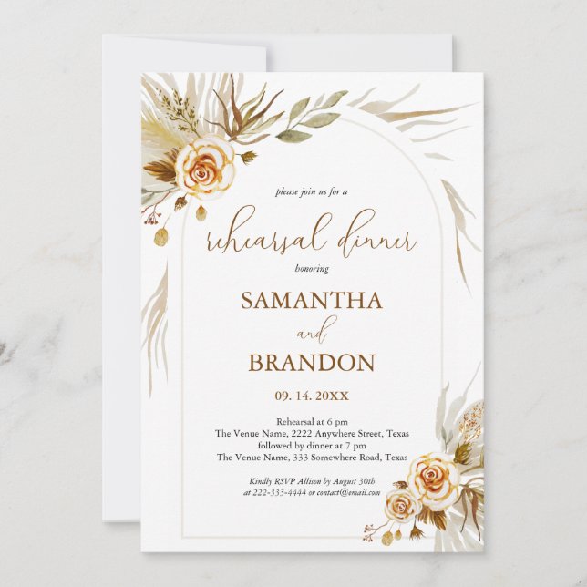Pampas grass boho elegant Rehearsal Dinner Invitation (Front)