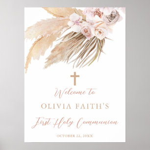 Pampas grass boho first communion welcome sign