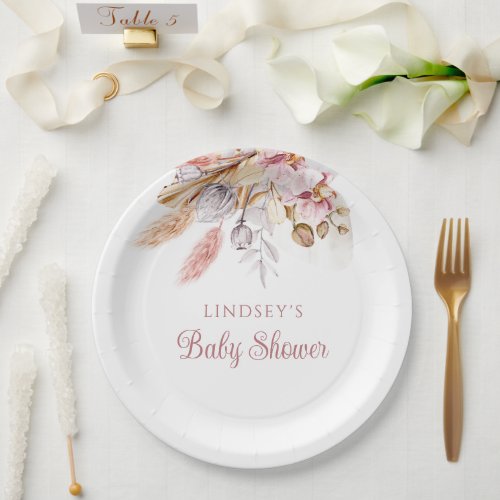 Pampas Grass Boho Floral Baby Shower Paper Plates