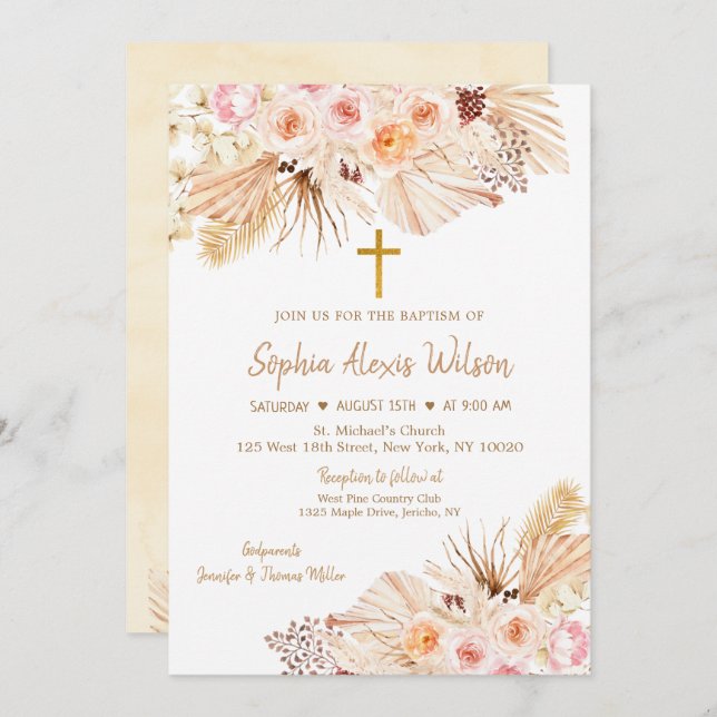Pampas Grass Boho Floral Baptism Invitation (Front/Back)