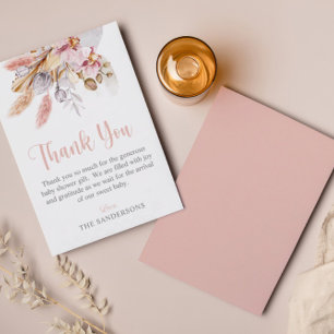 Pampas Grass Boho Floral Blush Pink Baby Shower Thank You Card